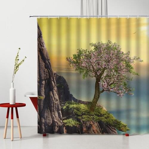 With Hooks Shower Curtain Mountain Tree Flowers Green Leaf Natural Landscape Modern 3D Printing Machine Washable ​Bath Curtains