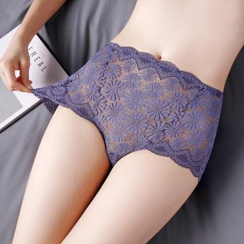 Elegant Women Sexy Hollow Transparent Lace Middle Waist Panties High Elasticity Breathable Underwear Flower Jacquard Breifs