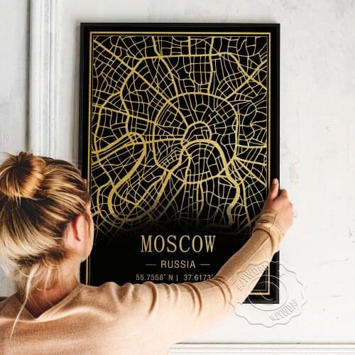 Vintage Moscow Black Golden Image Line Art Prints, Russia Moscow Map Poster, Nordic Style Geography Location Home Wall Art Decor