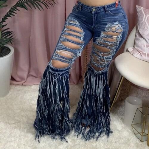 Vintage Holes Ripped Flared Jeans Pants Women High Waist Bell-Bottoms Pants Fashion Slim Fit Tassels Hem Denim Flare Trousers