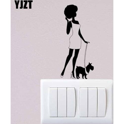 YJZT Lady And Dog Vinyl Switch Sticker Creative Animal Living Room Decor Wall Decal Pet S19-0061