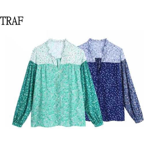TRAF Za Women Tops And Bloues 2021 Shirt Women Long Sleeve Button Printing Stitching Vintage Top Woman Clothing Loose Tops Chic