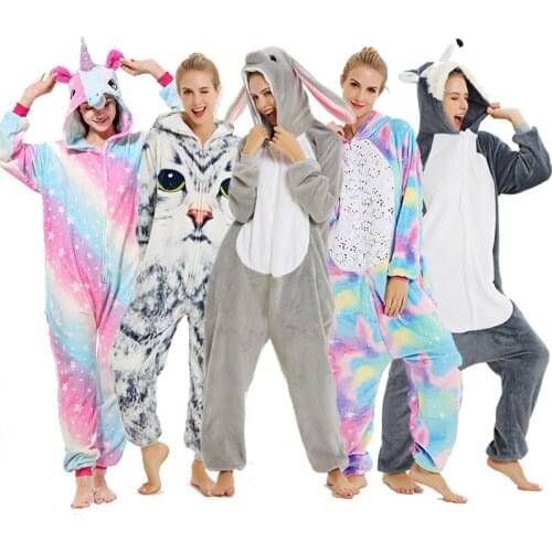 Adults Animal Kigurumi Women Pajamas Flannel Sleepwear Cosplay Winter Unisex Unicornio Stitch Cartoon Unicorn Sets
