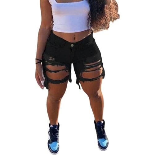 Women Destroyed Hole Denim Shorts Stylish Butt-Lifting Mid Rise Frayed Raw Hem Ripped Short Jeans