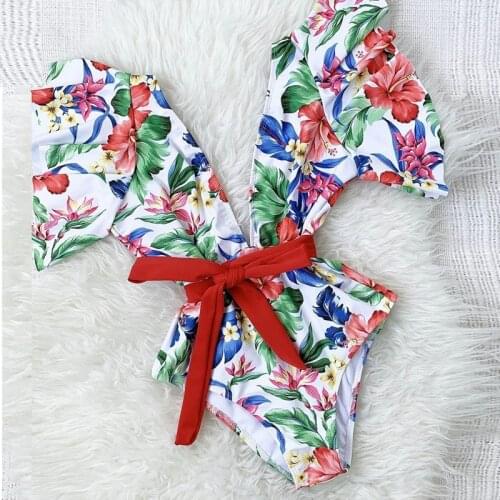 Women Swimsuit Ruffles Floral Printed Deep V Neck Bandage Bikini Push Up Monokini Swimsuit Bathing Suit Swimwear /2