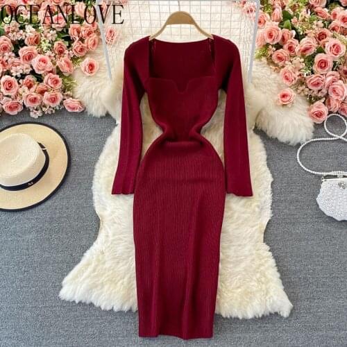 OCEANLOVE Bodycon Dresses Solid Square Neck Knitting Stretch Autumn Winter Vestidos Korean Fashion Slim Sexy Retro Women Dress