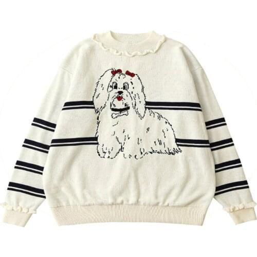 2021 Winter Harajuku Sweater Women Dog Embroidery Knitted Warm Sweaters Pullovers Ruffles Patchwork Jacquard Jumper Outwear