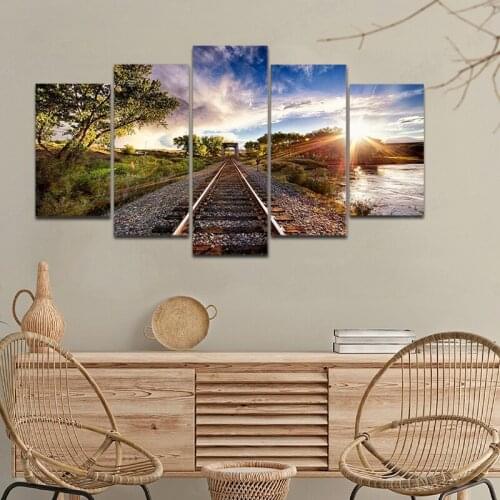 5Pcs Pictures Canvas Wall Art Railway Sunset Framed Decoration Bathroom Living Room Bedroom Kitchen Personalized