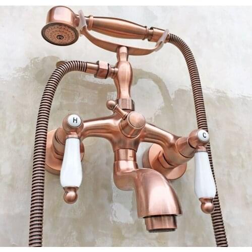 Antique Red Copper Brass Double Ceramic Handles Wall Mounted Claw Foot Bathroom Tub Faucet Mixer Tap With Handshower mtf805