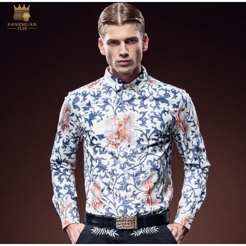 FANZHUAN Free Shipping New fashion casual male mens man shirts banquet Floral Printed Long Sleeved Shirt 612088 on sale