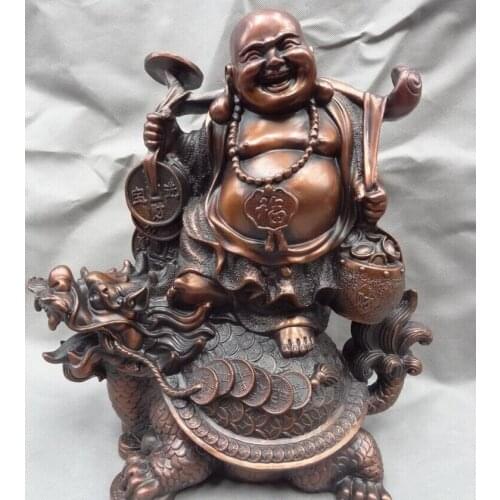 Fast shipping USPS to USA S1629 15" Chinese Pure Bronze Fu Coin RuYi Maitreya Buddha Ride Dragon Turtle Statue