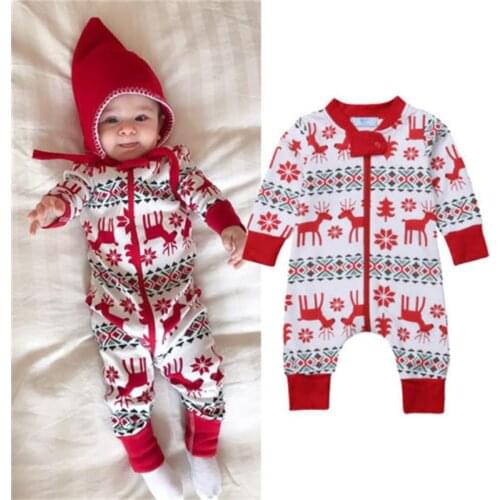 Baby Kids Long Sleeve Zipper Christmas Jumpsuit Deer Print Casual Girls Boys Toddler Xmas Cotton Rompers