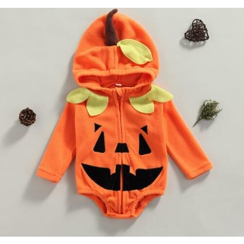 Newborn Baby Boys Girls Halloween Romper Cute Pumpkin Print Long Sleeve Hooded Jumpsuit Playsuit Bodysuit Ideal Gifts 0-24M