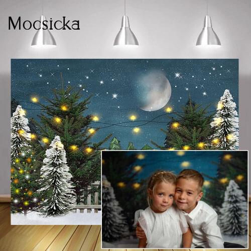 Christmas Jungle Forest Background Winter Night Pine Birthday Portrait Backdrop Photography Snow Light Stars Big Moon Photocall