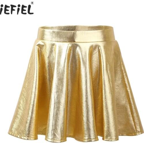 Toddler Kids Girls Glossy Metallic Flared Pleated A-Line Mini Skater Skirt Dance Athletic Shiny Scooter Skirt Children Dancewear