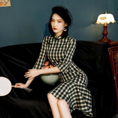 Chinese Chequer Midi Cheongsam Women Cotton Dress Ball Qipao Size S