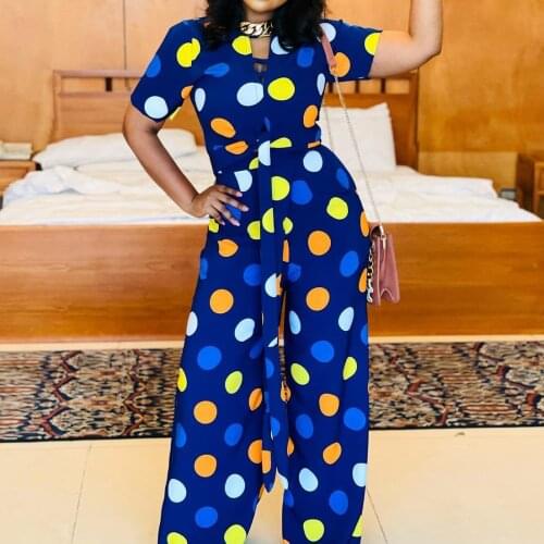 Short Sleeve Loose Polka Dot Printed Wide Leg Pants African Women Jumpsuits Elegant Lady Office Work Romper Long Overalls