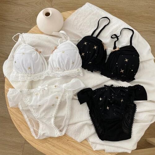 Wriufred Girly sweet underwear set cute mesh lace thin cotton pad bra with panties sets star printed bow womens lingerie