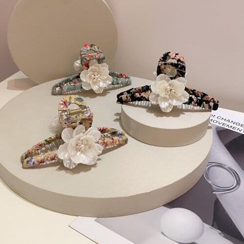 Korean headdress sweet temperament handmade pearl flower floral cloth wrapper shark clip hairpin girl wind catch clip