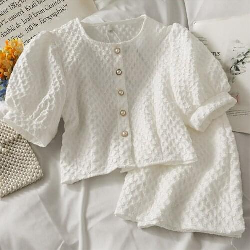 Korobov Korean Sweet Japanese Women Suits Summer O Neck Puff Sleeve Women Blouses and A-Line Mini Skirts 2 Pcs Sets