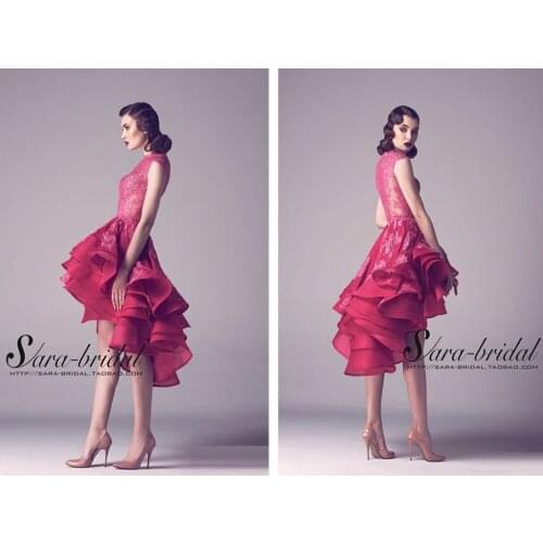 Lace appliques ruffles vestidos de festa 2016 new fashionable sexy see through After short before long prom dresses high neck