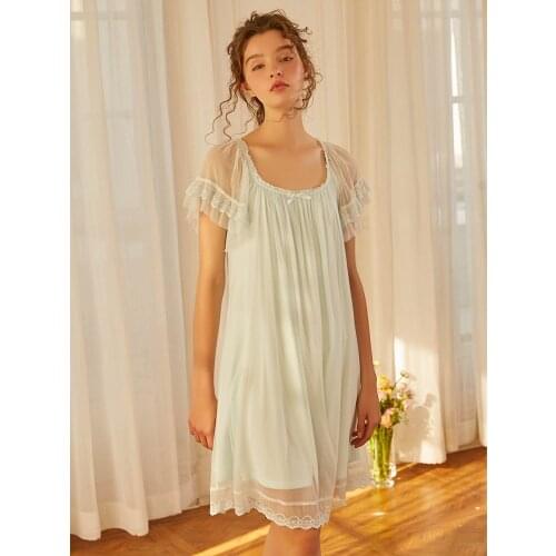 Summer Vintage Womens Long Sleepwear Short Sleeve Sweet Girls Gauze Princess Nightgowns Loose Royal Dress