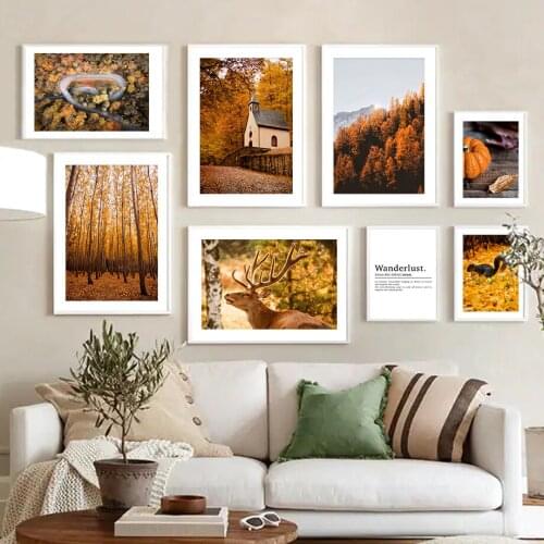 Autumn Leaf Forest Deer Squirrel Wall Art Canvas Painting Nordic Travel Posters And Prints Wall Pictures For Living Room Decor