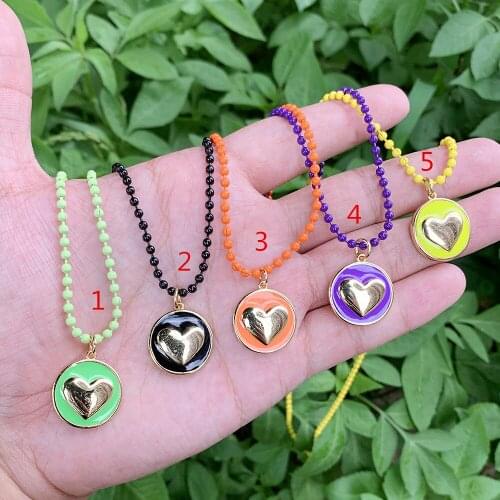 Bead Chain Necklace Enamel Round Shape Embossing Heart Gold Plated Pndant Birthday/Commemorative Gifts Bulk Jewelry Wholesale