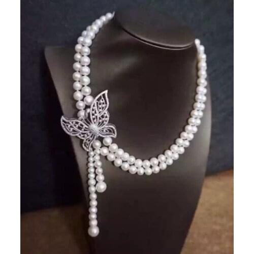 8-9 mm Genuine Natural Freshwater White Pearl Necklace 18 " 19 " butterfly