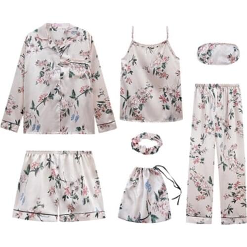 Sexy Pajama Set Women Print Pyjamas 7 Pieces/Set Long Shirt Pants Stitch Lingerie 2020 Fashion Sleepwear