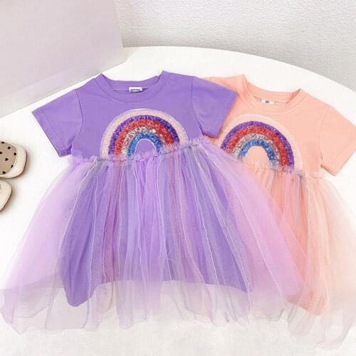 Hollead Casual Dresses Girl Kids Rainbow Decor Lace Princess Dresses Summer Performance Costumes Children Birthday Party Clothes