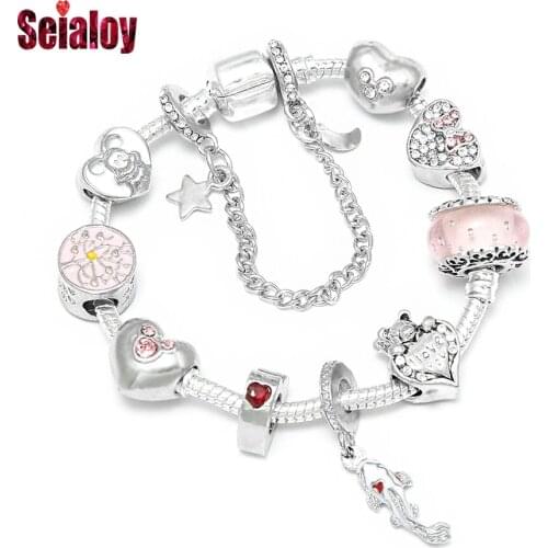 SEILAOY Fashion Love Koi Fish Charm Bracelets For Women Men Original pink glass Heart Life Tree Of Beaded Bracelet Bangle