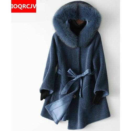 IOQRCJV Fur Coat Natural Sheep Shearing Long Winter Coat Women Clothes 2019 New Wool Jacket Fox Fur Collar Abrigos Mujer R818