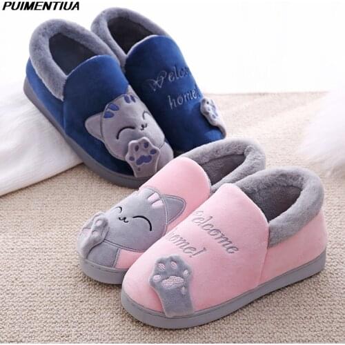 Cute Home Slippers Women Furry Short Plush Cartoon Cat House Shoes Woman Non-slip Soft Winter Warm Indoor Bedroom Men Couples
