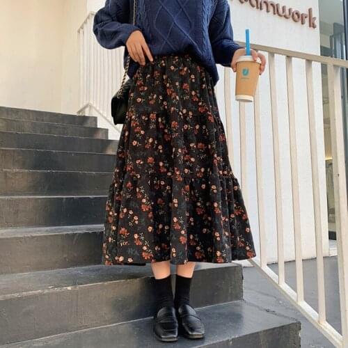Womens Vintage Clothes Long Skirts Black Harajuku High Waist Streetwear 2021 fall winter Fashion Elastic Preppy Style Midi Skirt