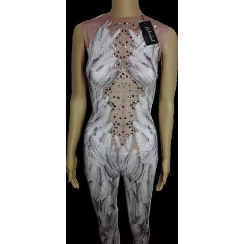 Nightclub Female Costume White Feathers Pattern Rhinestones Sleeveless Jumpsuit Bar Party Singer Dance Performance Stage Wear