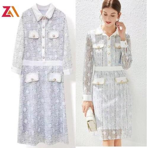 ZALady vintage lace office work OL midi dresses for women long sleeve Buttons floral fashion french traf Knee length dress femme