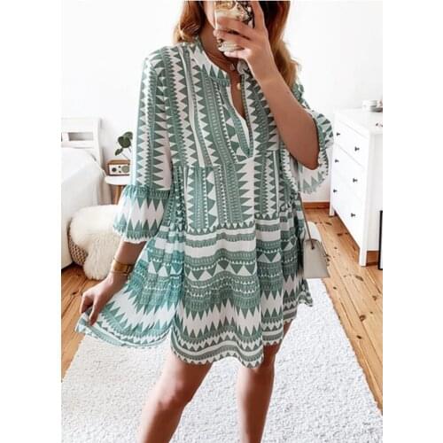 Summer Women Ruffles Dress Boho Geometric Printed Mini Beach Dress Sexy V-Neck Long Sleeve Bohemian Ladies Party Dresses Vestido