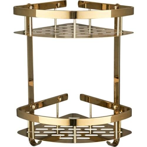 Gold Bathroom Corner Shelf Shower Gel Rack Shampoo Caddy Holder Copper Wall Mounted Nail Punched 1-2 Tier Basket Bath Hardware