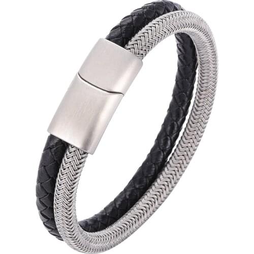 Stainless Steel Wire Cable Magnetic Clasp Double Layered Bracelet Men Braided Genuine Leather Wristband Male Jewelry Gift PD1070