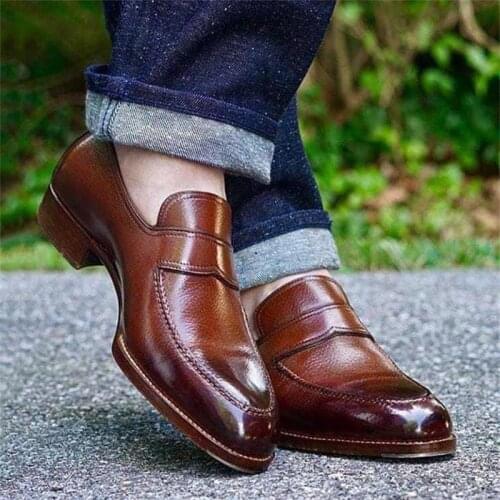 Mens High Quality Brown PU Polished Simple Slip-on Low-heel Comfortable Fashion Casual Business All-match Loafers ZQ0035