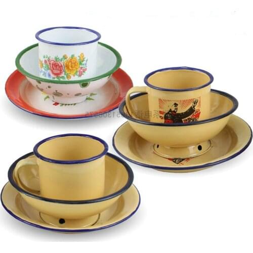 Enamel tableware, nostalgic tableware, retro bowls, plates and cups, one set of three pieces