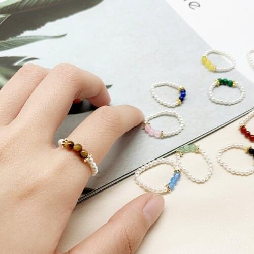 High-fashion Multi Color Natural Stone Wedding Rings for Women All Handmade Elastic Rope Chain Pearls Moonstone Beaded Rings