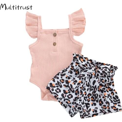 0-24M Newborn Baby Girls Clothes Set Sweet Summer Kids Girls Ribbed Knitted Button Romper High Waist Belt Leopard Print Shorts