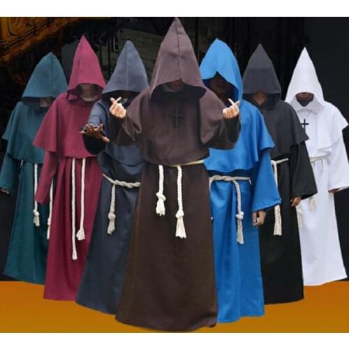 Wizard Costume Adult Halloween Cosplay Hooded Robes 7 Colors Halloween Cloak Medieval Monk Friar Robe Priest Costume Witch Suit