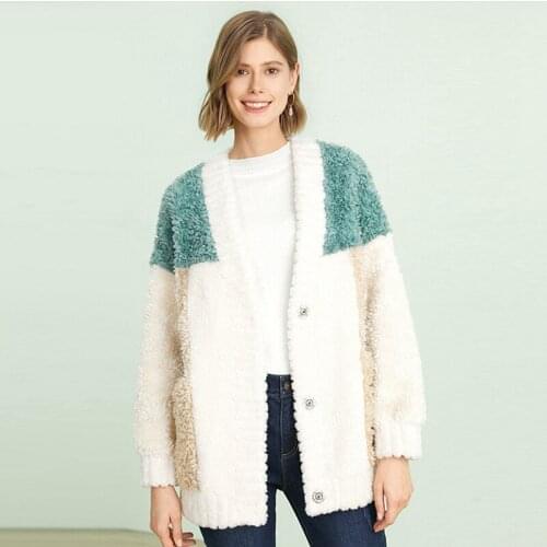 Sheep Shearling Jacket Women Patchwork Long Sleeve Pockets Casual Coat Women Drop-shoulder Loose Coat New Fashion