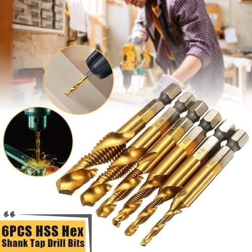 6PCS/set M3-M10 Metric Taps Screw Taps HSS Titanium Coated Drill Tap Bits 1/4" Hex Shank Thread Taps Spiral Screw Dril Bit