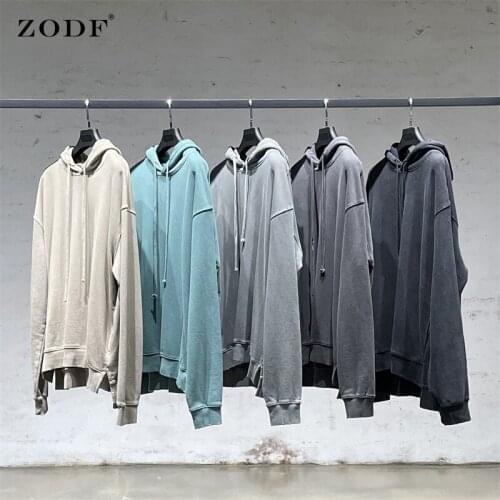 ZODF Chic Men Autumn Solid 380gsm Cotton Hoodies Kanye West Loose Washed Old High Street Edging Sweatshirts Pullover Brand H0170