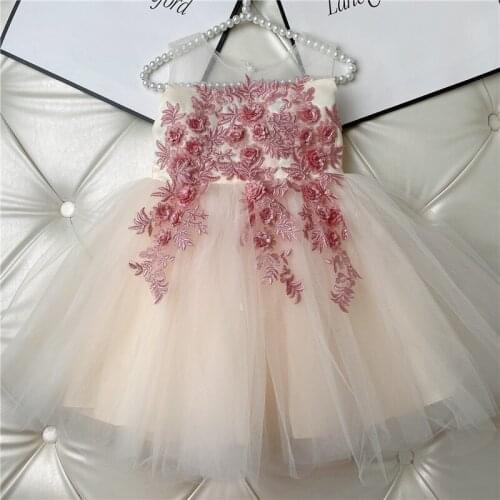 High Quality 2021 New Girls Champagne Birthday Party Sequined Flora Bowknot Dress Kids Princess Tutu Mesh Dresses Free Shipping