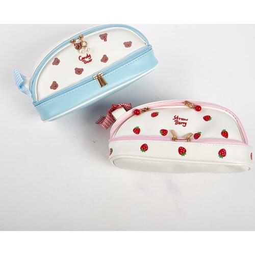PU Pencil Bag Kawaii Stationery School Supplies Double-Layer Portable Strawberry Love Cherry Pencil Cases